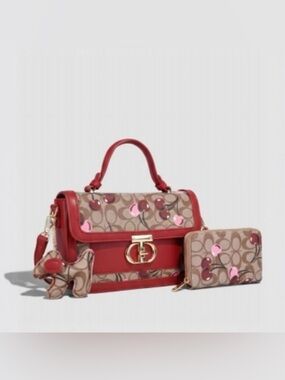 NWT Red/Tan Cherry Monogram Handbag with Crossbody Strap and Wallet & Dog Charm
